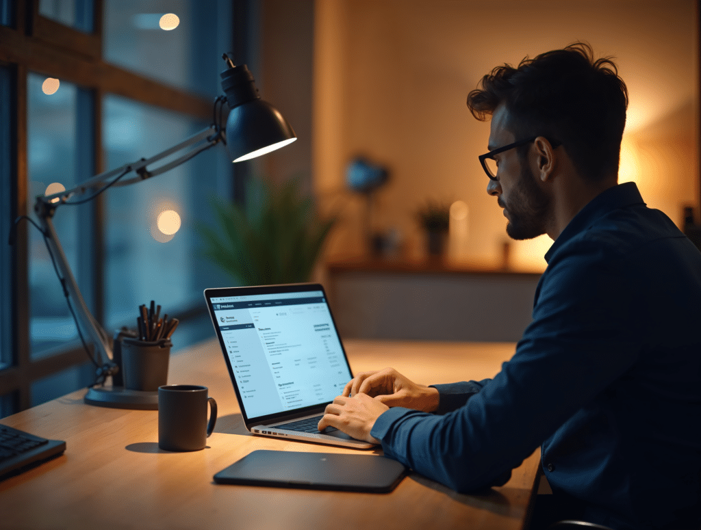 Auto-entrepreneur préparant sa facture électronique sur ordinateur – PropulseCRM
