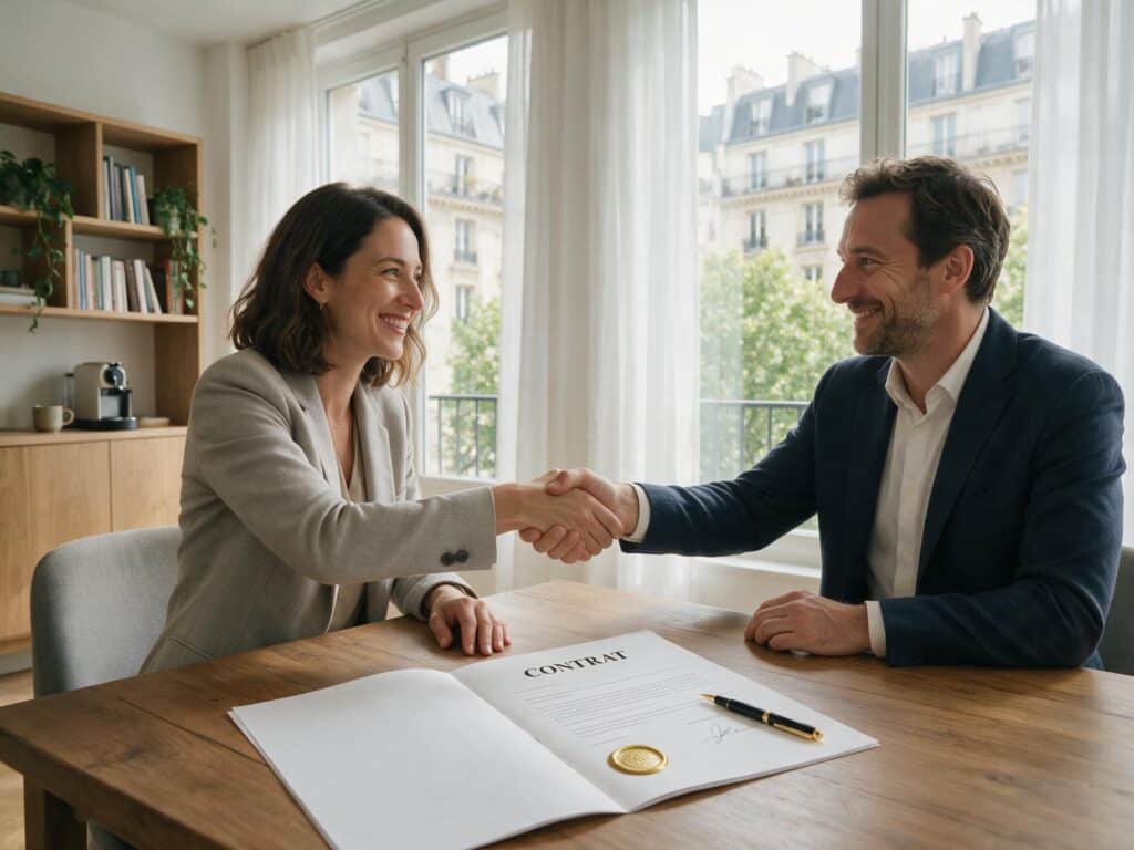 Deux professionnels se serrant la main après la signature d'un contrat freelance