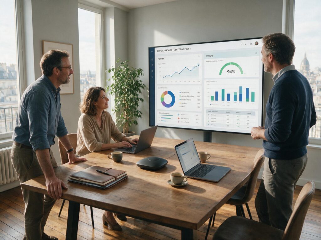 Équipe PME analysant un tableau de bord ERP avec ventes et stocks