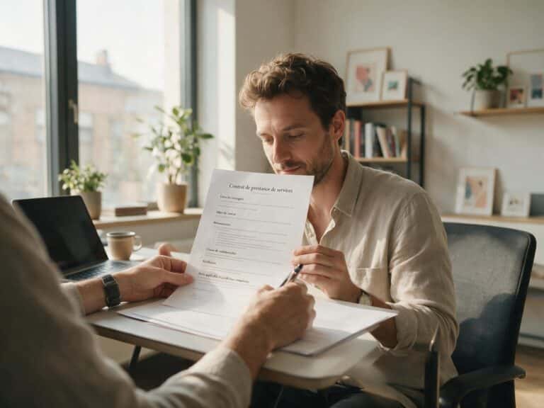 Freelance français signant un contrat de prestation sur un bureau moderne