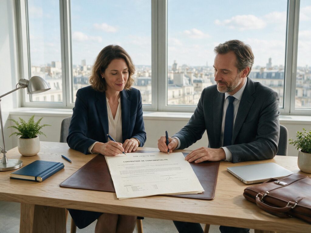 Deux professionnels signant un accord de confidentialité NDA freelance