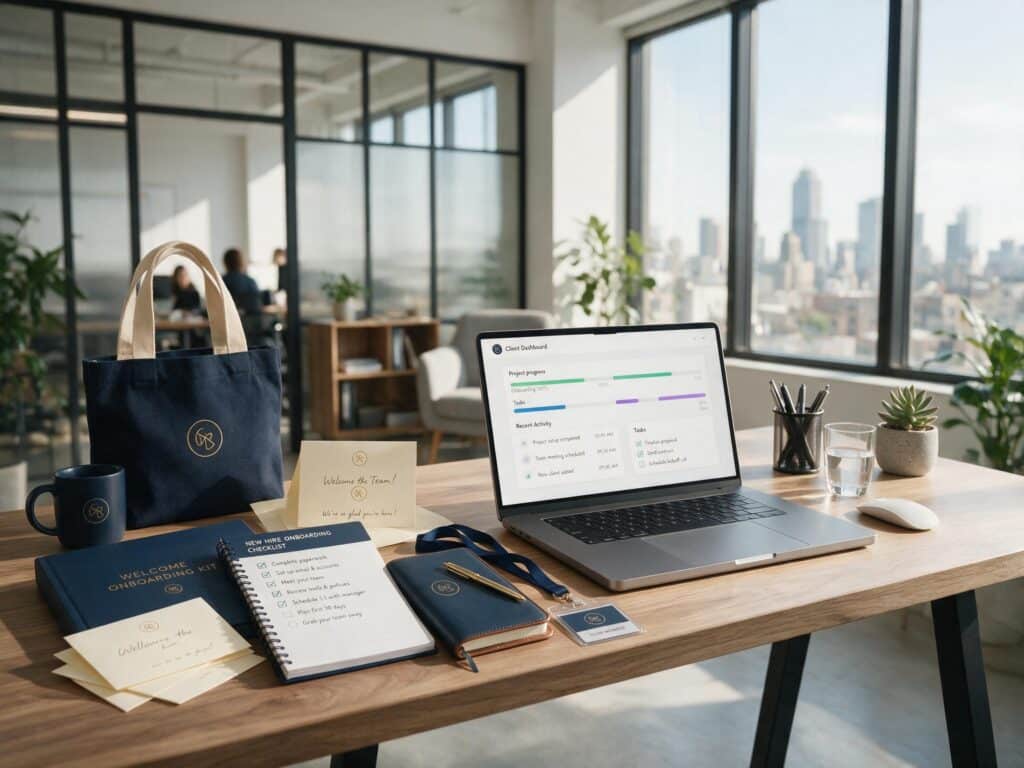 Checklist onboarding client avec tableau de bord sur ordinateur