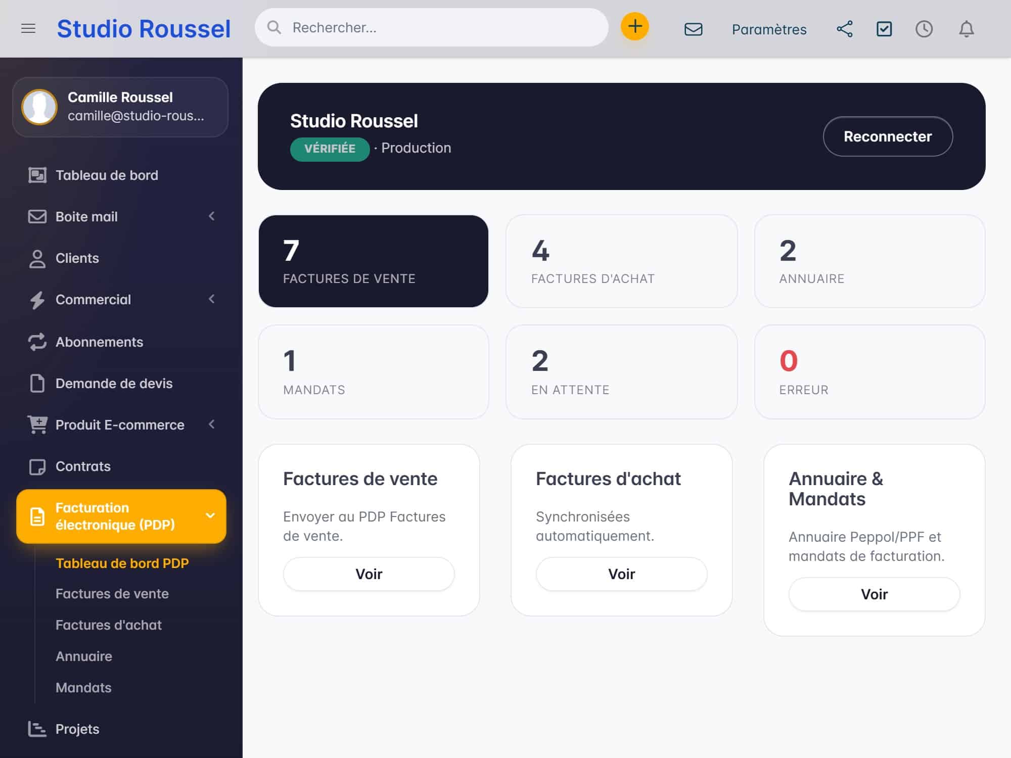 Tableau de bord de la facturation électronique dans PropulseCRM : factures de vente, factures d'achat, annuaire et statuts